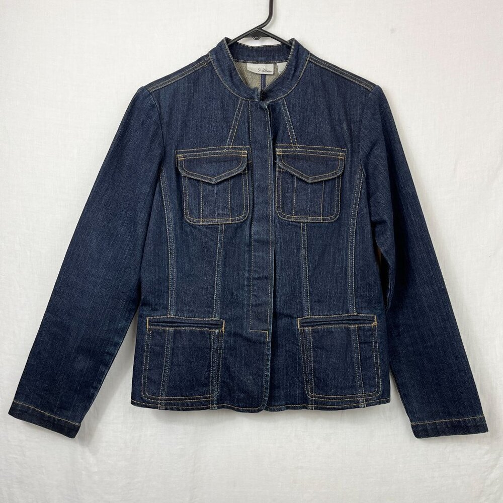 Chicos Platinum Denim Button Up Jacket Womens S-M Dark Wash Minimalist Mod‎